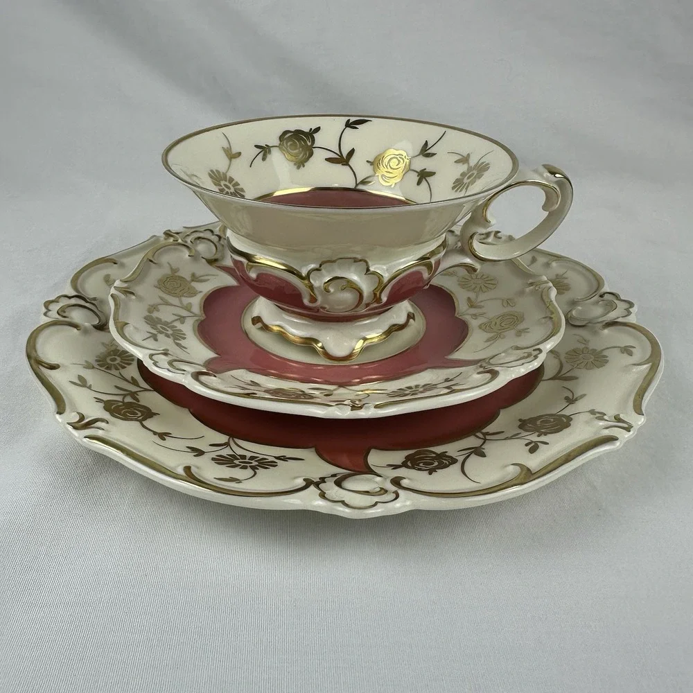 Weimar Porzellan ILSE Tea Trio Coral Pink Gold Gilt Rose Footed Cup Saucer Plate